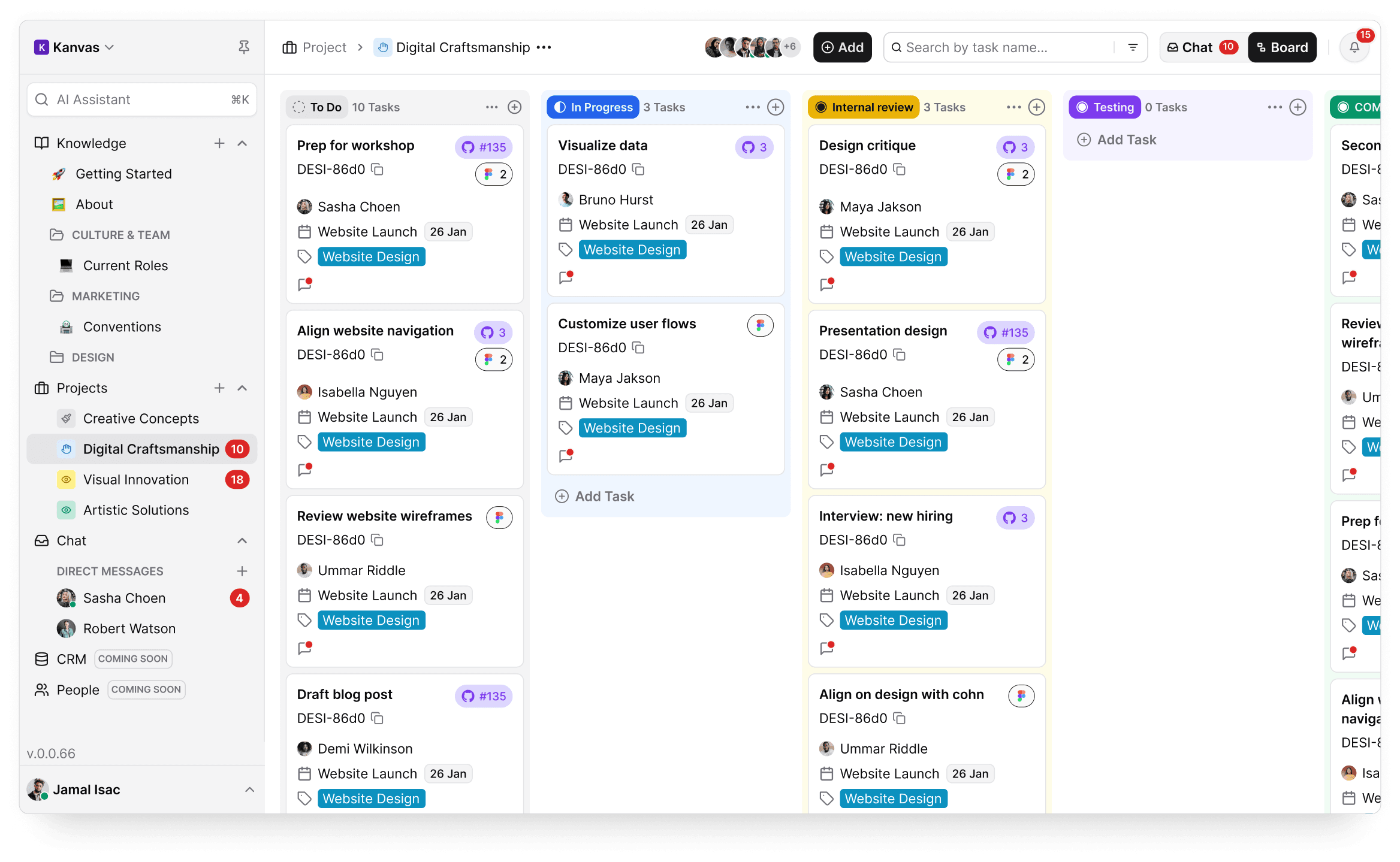 Kanvas AI Brain workspace — showing Kanban board, team chat, and AI assistant turning meeting notes into tasks